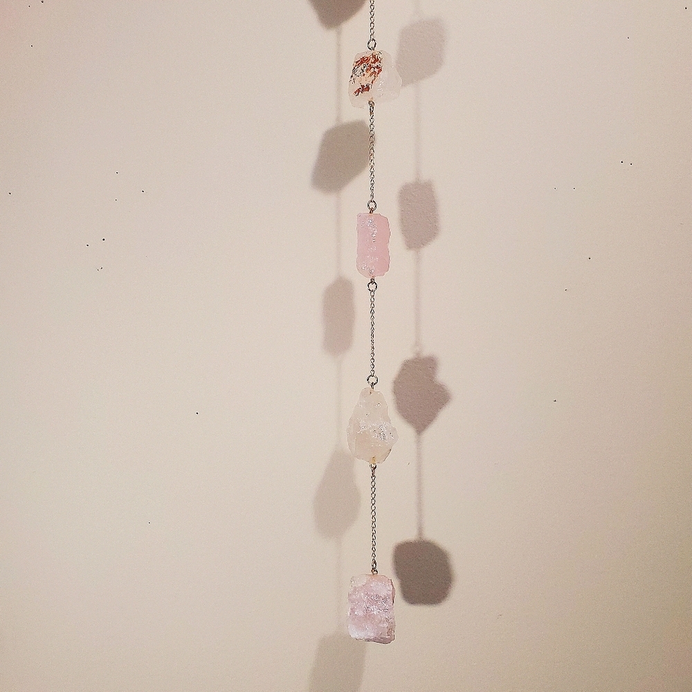 Crystal Wall Hanging Lg Raw Rose Quartz Crystal Metal Chain Hanging Decor NEW - Picture 11 of 12